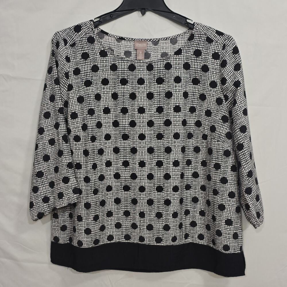 Chico's Womens 3 Black White Polka Dot 3/4 Sleeve Round Neck Rayon Blouse